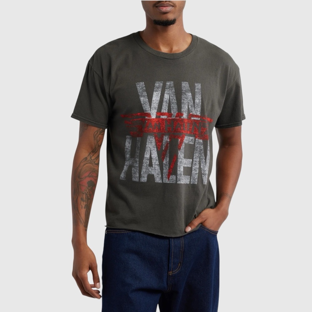 Van Halen Merch Traffic Black Pigment Dye Crop Cotton Graphic T-Shirt, Large